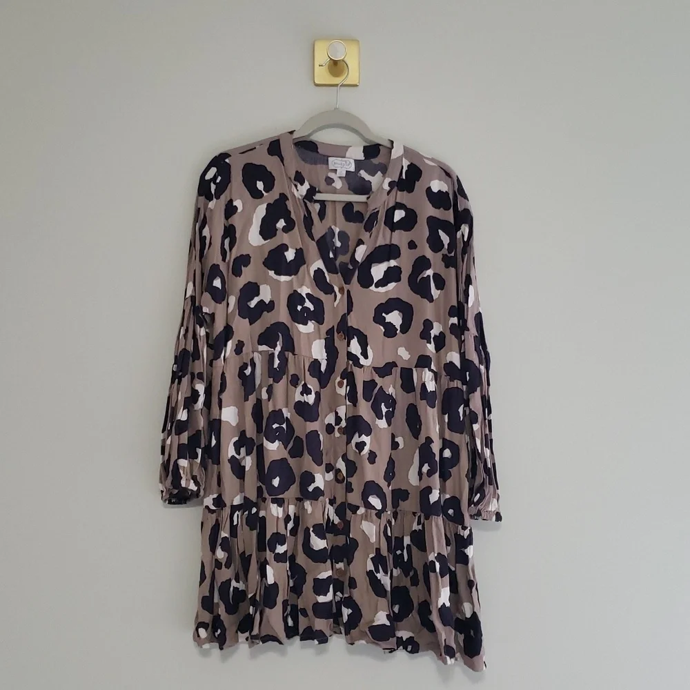 Mud Pie Cow Print Mini Shirtdress Small Tan Black Long Sleeve Tier Babydoll